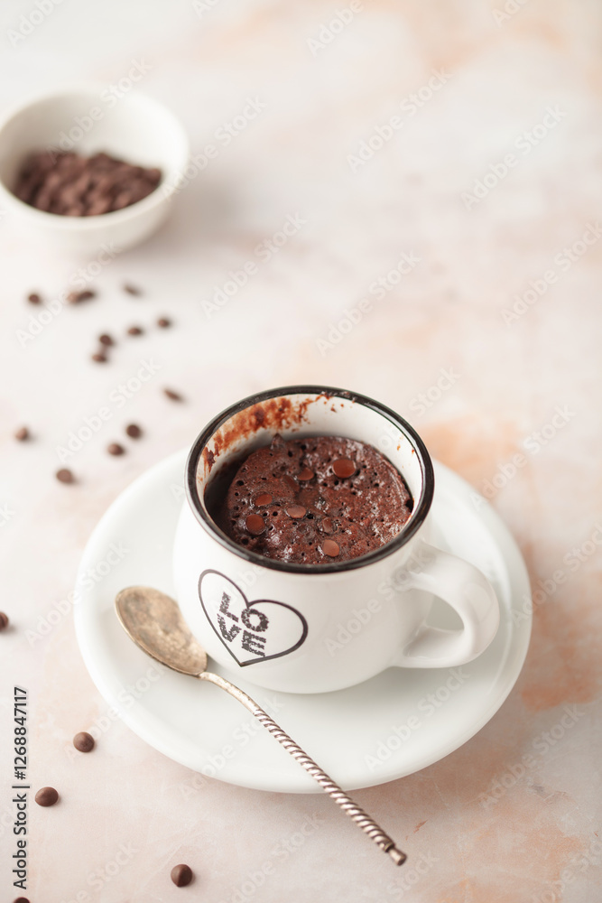 Chocolate cupcake in a white mug. Easy homemade dessert. Mugcake Chocolate cupcake in a white mug. Easy homemade dessert. Mugcake