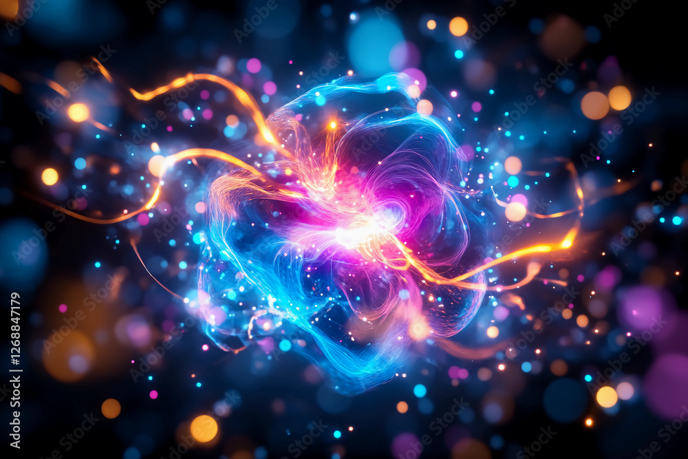 Fototapeta premium Plasma Prism Energy Flow - Abstract futuristic prism of light with swirling electric blue, neon pink, and fiery orange plasma-like energy streams creating dynamic motion