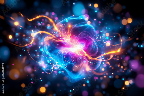 Plasma Prism Energy Flow - Abstract futuristic prism of light with swirling electric blue, neon pink, and fiery orange plasma-like energy streams creating dynamic motion