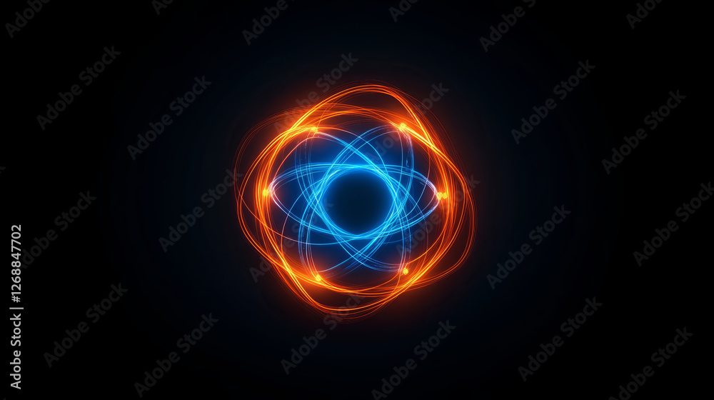 conceptual depiction of atom with electrons, showcasing vibrant blue and orange colors. dynamic design represents energy and atomic structure in visually striking manner conceptual depiction of atom with electrons, showcasing vibrant blue and orange colors. dynamic design represents energy and atomic structure in visually striking manner