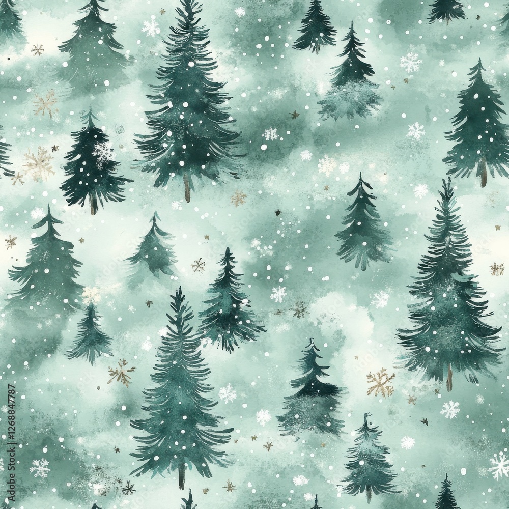 Fototapeta premium Calming watercolor doodle of evergreen trees and gentle snowfall in a serene winter landscape