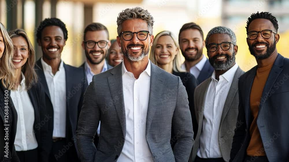 Teamwork Makes the Dream Work: A diverse group of smiling business professionals, all wearing glasses and professional attire, stand together in a close-knit formation, showcasing unity. Teamwork Makes the Dream Work: A diverse group of smiling business professionals, all wearing glasses and professional attire, stand together in a close-knit formation, showcasing unity.