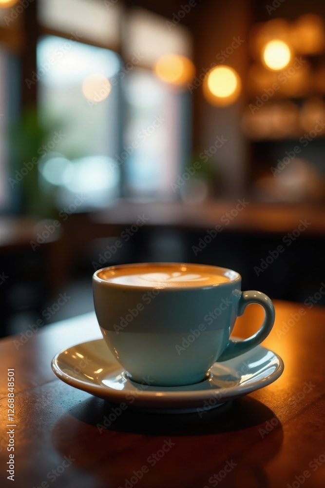 Blurred coffee cup, bokeh lights, cafe ambiance, defocused, focus