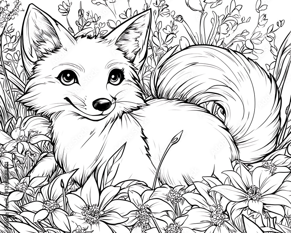 Obraz premium Cute Fox Character Surrounded by Flowers in Botanical Setting