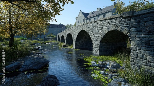 Autumnal stone bridge over stream, quaint village background