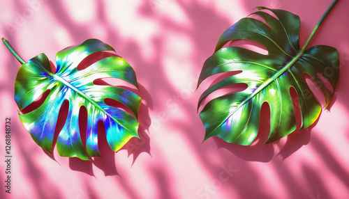 Tres hojas de monstera sobre un fondo rosa