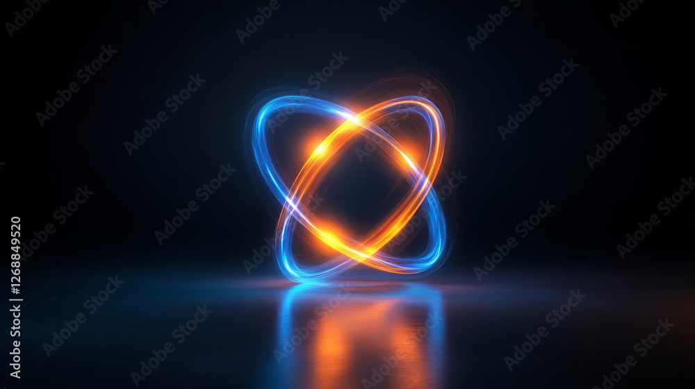 modern abstract interpretation of atom with glowing blue and orange rings, set against dark background, creating dynamic and energetic visual effect modern abstract interpretation of atom with glowing blue and orange rings, set against dark background, creating dynamic and energetic visual effect