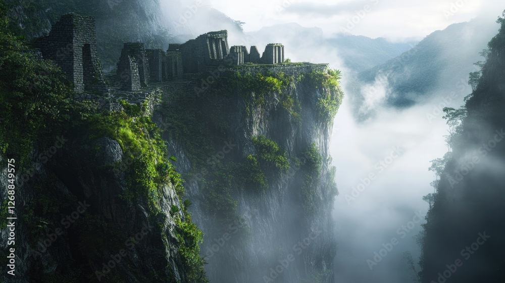 Fototapeta premium Ancient Ruins Perched High On A Misty Mountain Cliff