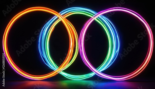 Abstract neon circles interlocking on a black background