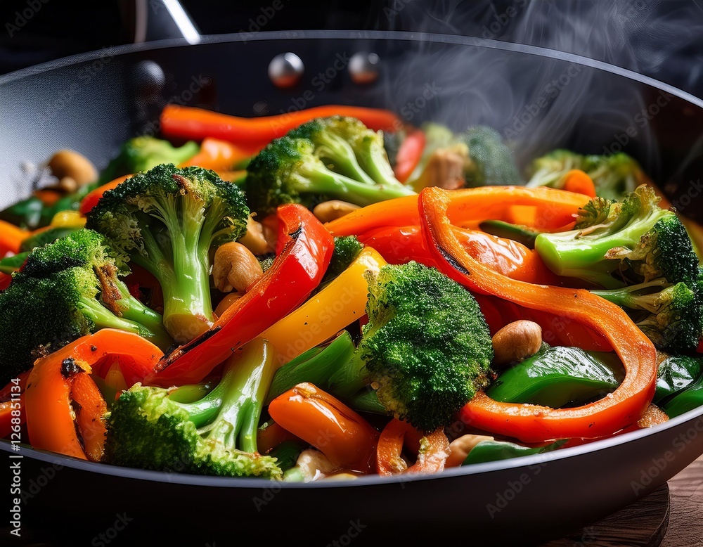 Colorful vegetable stir-fry featuring broccoli, bell peppers, and nuts on a stovetop in a kitchen setting Colorful vegetable stir-fry featuring broccoli, bell peppers, and nuts on a stovetop in a kitchen setting