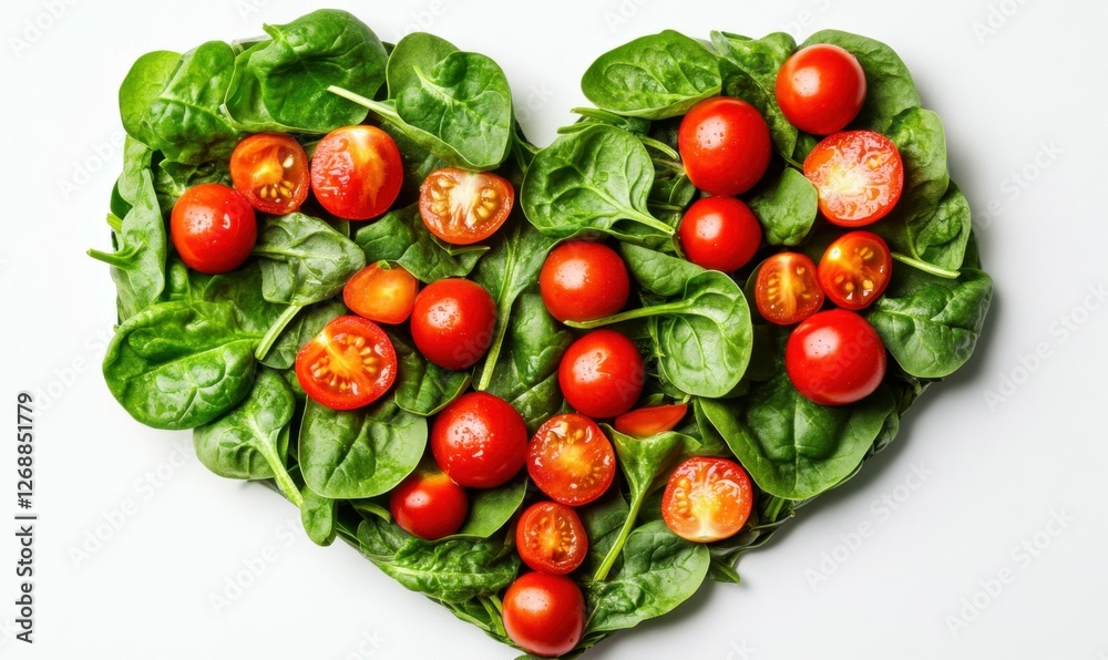 Fresh tomatoes and spinach arranged in a heart shape on a white background, symbolizing health