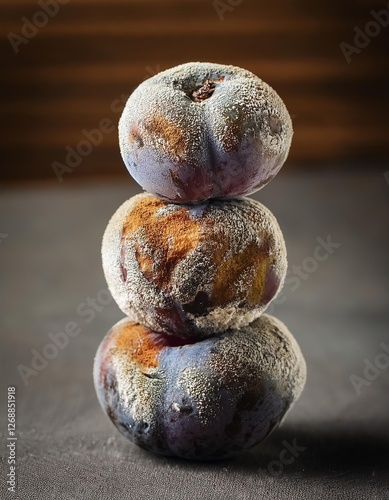 Moldy fruits arranged in a stack showcasing decay and neglect in a kitchen setting