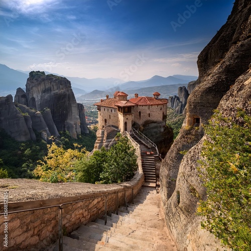 Majestic monastery perched on cliffside with stunning views of Meteora mountains in Greece during golden hour