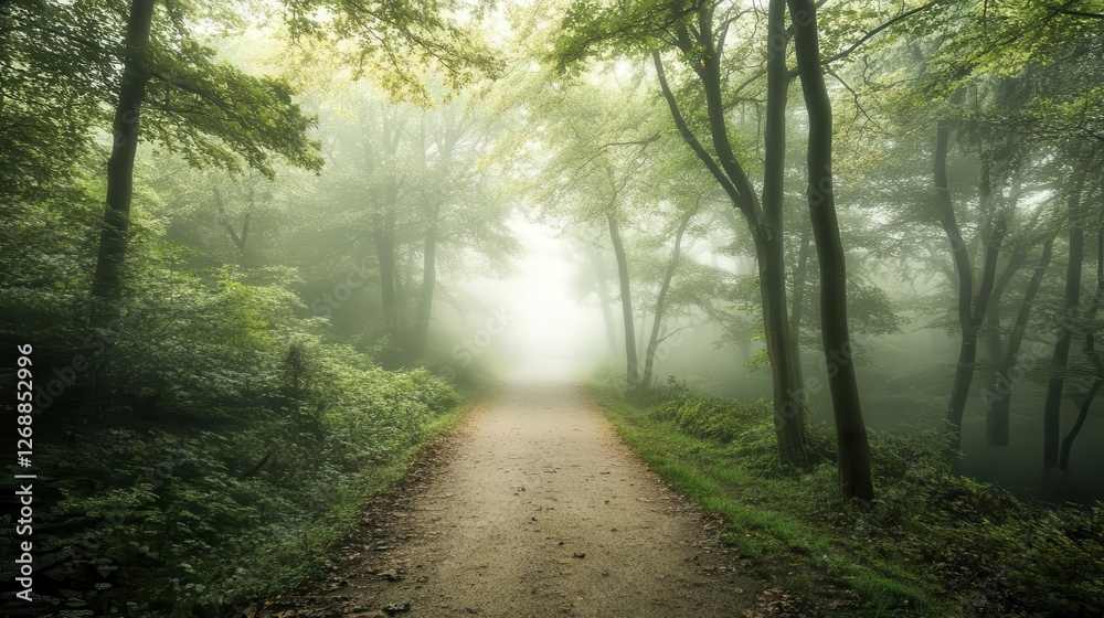 Obraz premium Forest background image showing a misty forest path leading into the distance, surrounded by tall trees and lush foliage