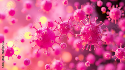 Microscopic pink and red virus particles floating in the air, infectious disease, microbiology, medical research, pandemic, and microscopic illustration photo