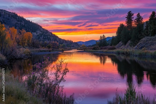 A calm river reflecting the brilliant colors of sunset, banks lined with wildflowers.