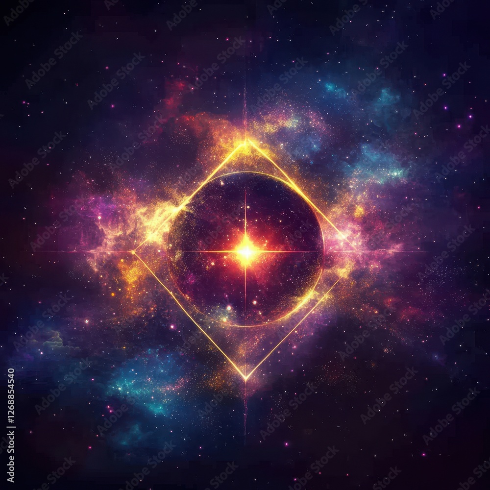 Fototapeta premium Celestial sphere emitting light within a golden diamond shape
