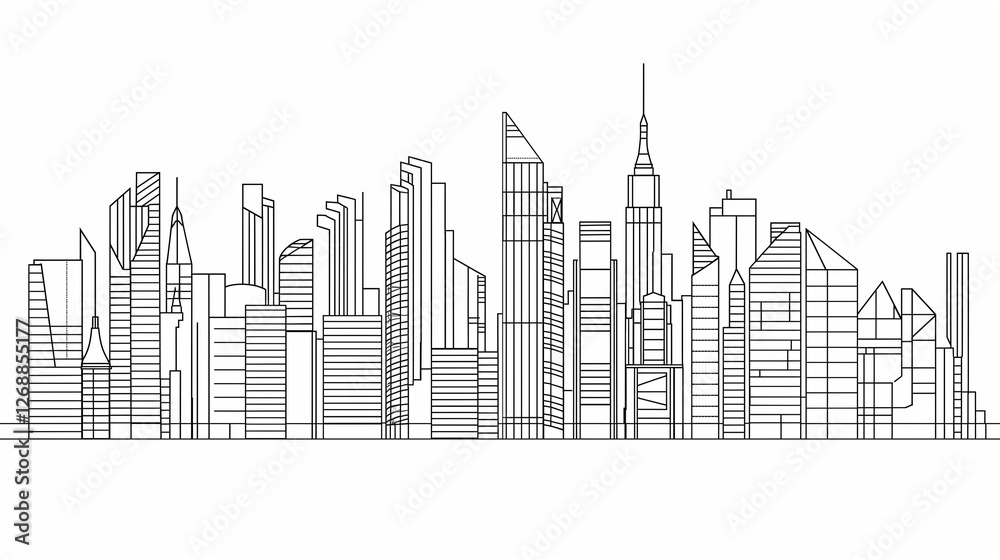 An abstract line art representation of a city skyline, featuring varying building heights and simple geometric shapes, isolated on white. An abstract line art representation of a city skyline, featuring varying building heights and simple geometric shapes, isolated on white.