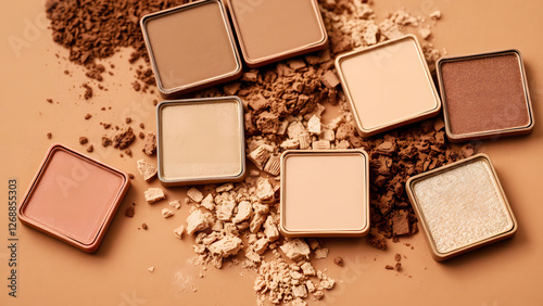 Assorted makeup powder compacts on beige background with crushed powder texture, beauty and cosmetics, professional face makeup, natural tones photo