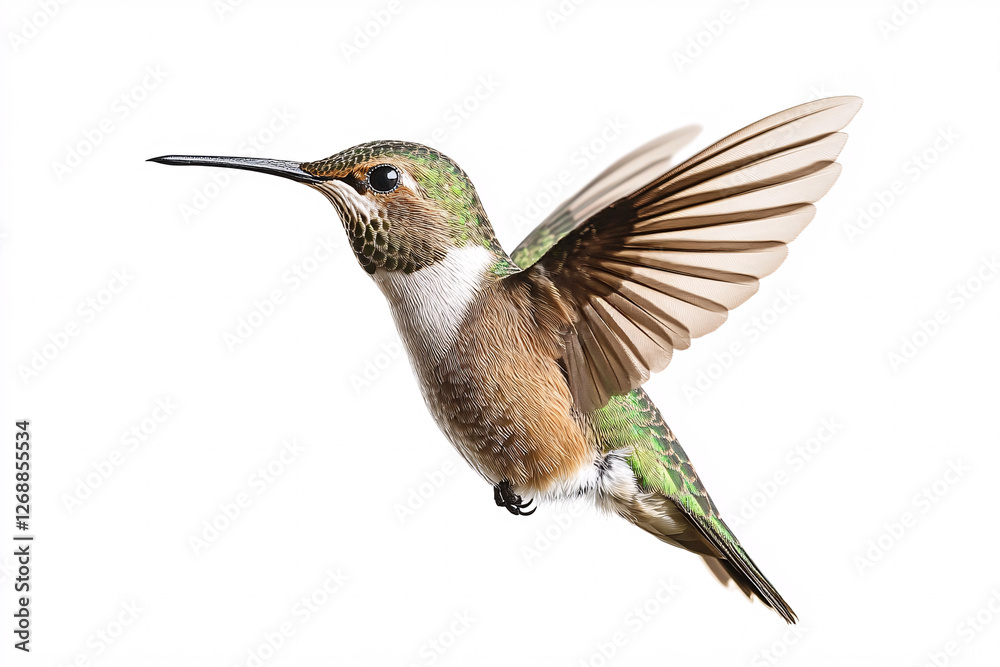Fototapeta premium hummingbird in flight with green and brown feathers isolated on white background