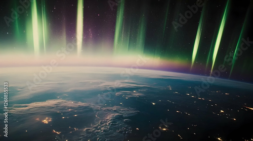 Earth's aurora borealis, space view, night lights