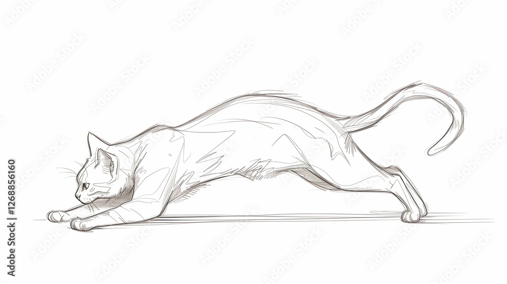 An elegant line drawing of a cat in a stretching pose, capturing its graceful form and elongated tail, set against a clean white background. An elegant line drawing of a cat in a stretching pose, capturing its graceful form and elongated tail, set against a clean white background.