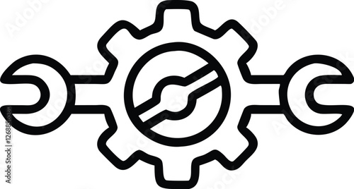 gear icon, black and white, simple design, bold lines, mechanical symbol, settings graphic, configuration emblem, outline style, minimalist, vector illustration, industrial motif, technical drawing, c