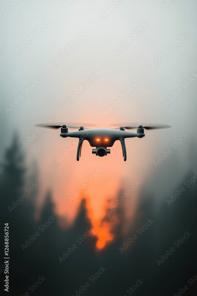 Drone Flying Through Foggy Forest at Sunset with Dramatic Lighting Drone Flying Through Foggy Forest at Sunset with Dramatic Lighting