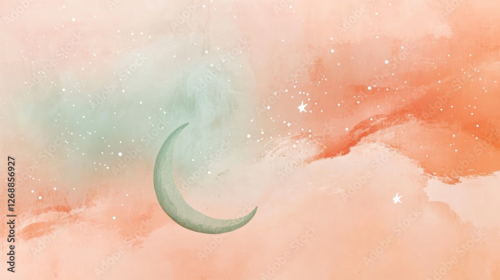 Fototapeta premium Silhouette of a crescent moon surrounded by a dreamy gradient sky at twilight with scattered stars