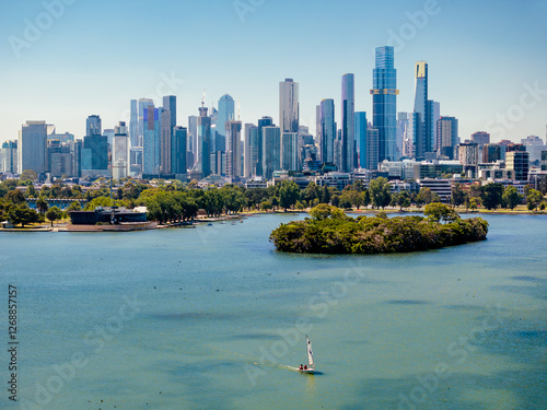  Lake and City Skyline at Albert Park, Melbourne - Aerial Drone View