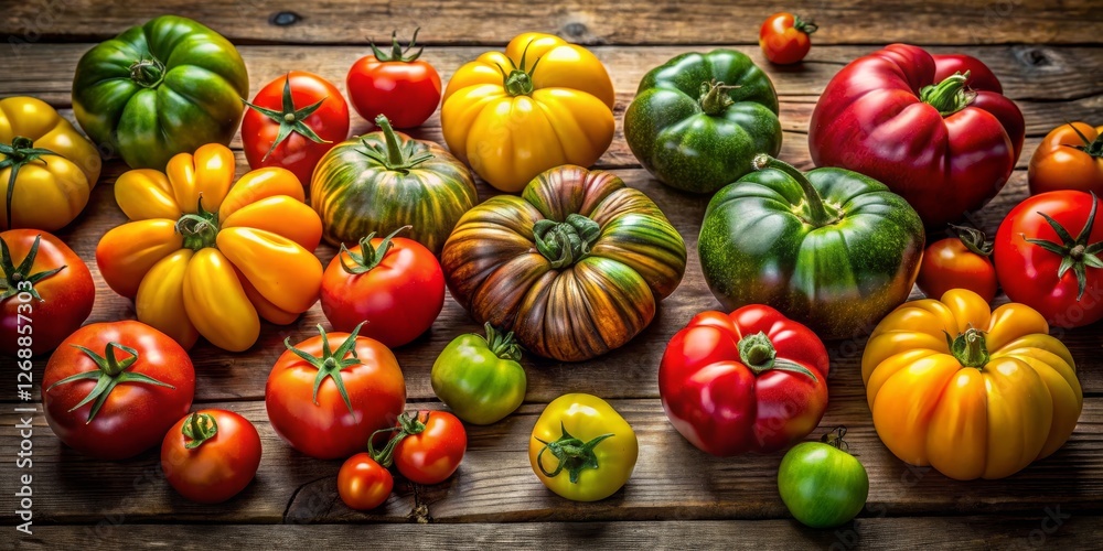 Colorful Variety of Fresh Heirloom Tomatoes on Rustic Wooden Table Colorful Variety of Fresh Heirloom Tomatoes on Rustic Wooden Table