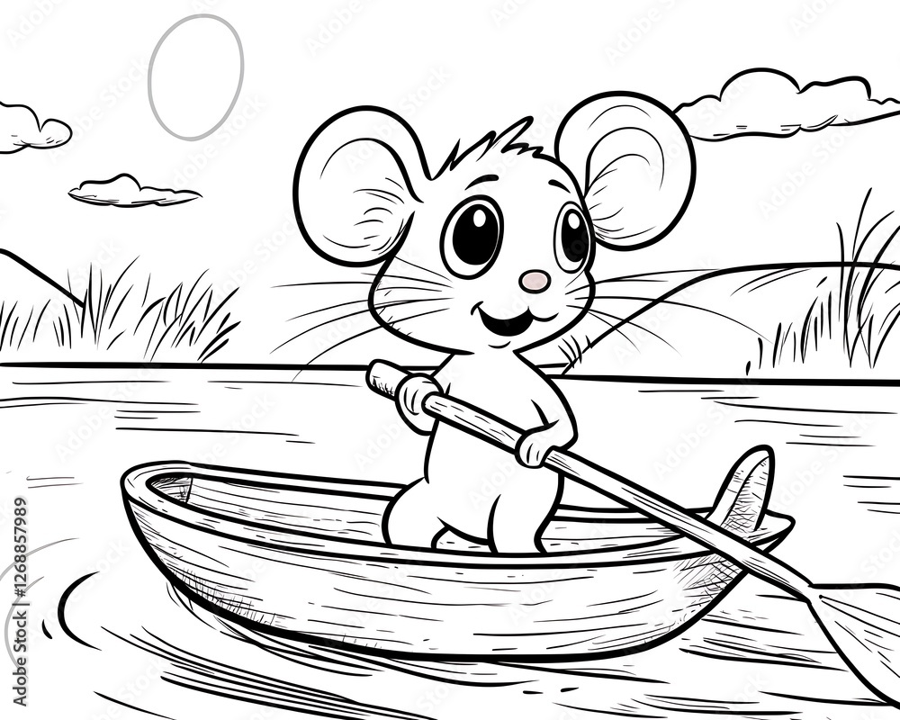 Naklejka premium Happy Mouse Rowing a Boat in a Cartoonish River Scene