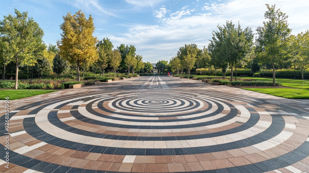 A landscaped pathway featuring concentric circular patterns and trees under a blue sky. A landscaped pathway featuring concentric circular patterns and trees under a blue sky.