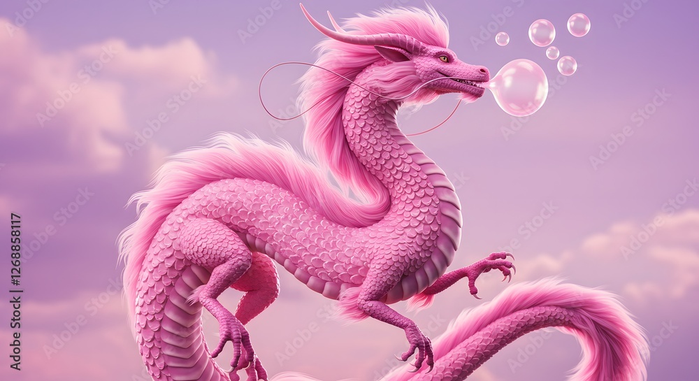 Fototapeta premium Pink Dragon Blowing Bubbles on Pastel Sky Dreamy Creature Art