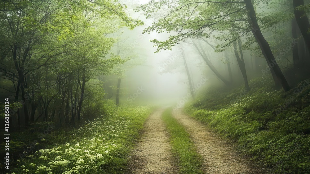 Obraz premium Forest background image showing a misty forest path leading into the distance, surrounded by tall trees and lush foliage