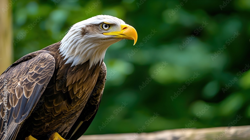 Fototapeta premium Bald Eagle Perched in a Natural Setting with Lush Green Background