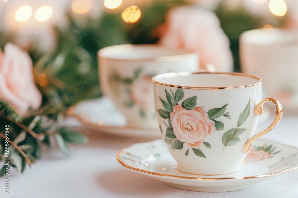 Fototapeta premium Romantic caf setting with vintage china teacups and inviting ambiance perfect for intimate gatherings or afternoon tea