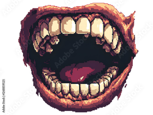 Large Open Mouth with Sharp Teeth and Tongue in Pixel Art Style photo