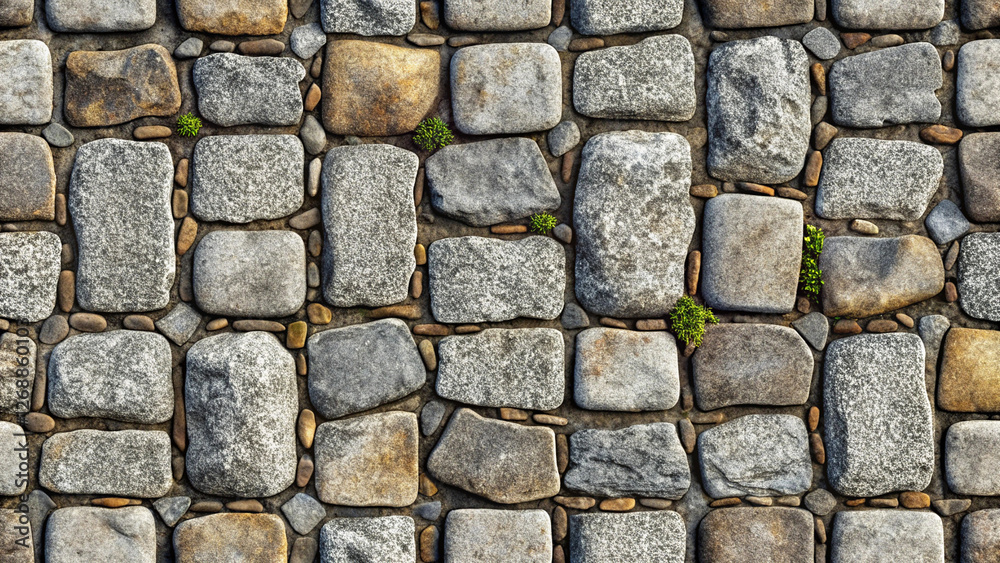 Obraz premium Seamless gray cobblestone wall or road background texture. Tileable grungy natural rock and stone shaped path background texture.