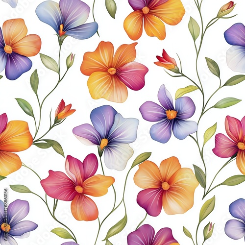 Watercolor Seamless Pattern with Vibrant Purple Orange Pink Flowers on White Background