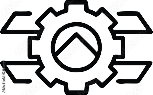 gear icon, black and white, simple design, bold lines, mechanical symbol, settings graphic, configuration emblem, outline style, minimalist, vector illustration, industrial motif, technical drawing, c