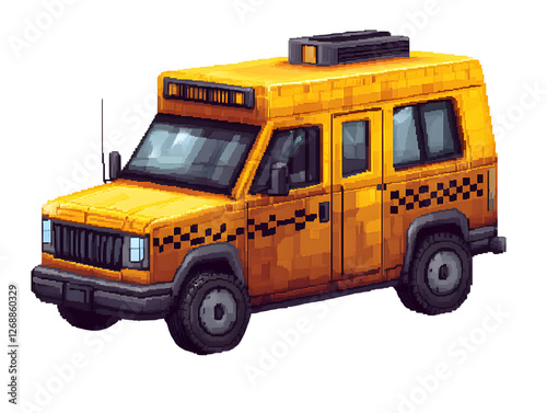 Cartoon style yellow taxi vehicle with pixel art design elements