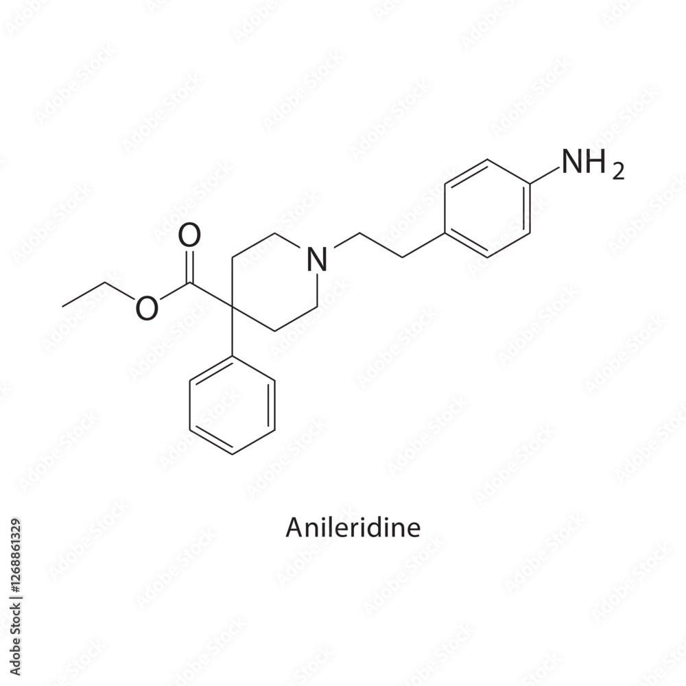 Anileridine skeletal structure.Opioid analgesic compound schematic illustration. Simple diagram, chemical formula. Anileridine skeletal structure.Opioid analgesic compound schematic illustration. Simple diagram, chemical formula.