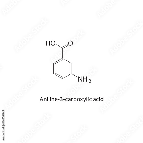 Aniline-3-carboxylic acid skeletal structure.Aminobenzoic acid derivative compound schematic illustration. Simple diagram, chemical formula.