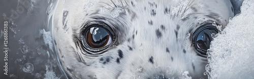 Close-up view of a curious seal pup revealing its expressive eyes and spotted fur in a snowy habitat photo