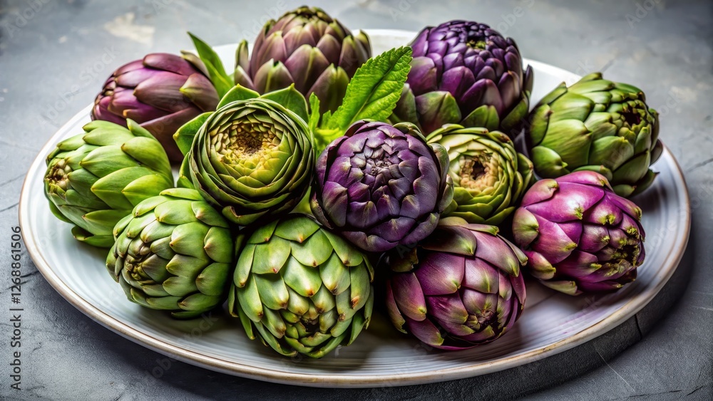 Fototapeta premium Fresh Artichokes on a White Plate with Mint Leaves Background