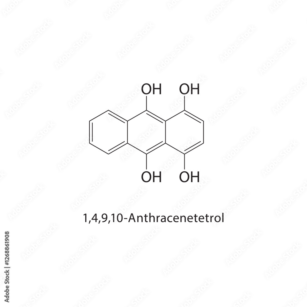 1,4,9,10-Anthracenetetrol skeletal structure.Anthracene derivative compound schematic illustration. Simple diagram, chemical formula. 1,4,9,10-Anthracenetetrol skeletal structure.Anthracene derivative compound schematic illustration. Simple diagram, chemical formula.