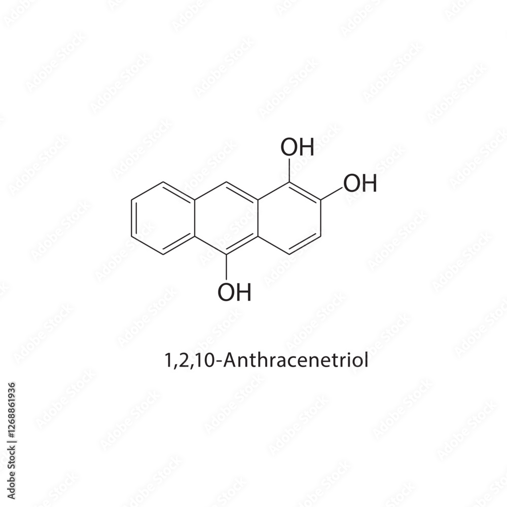 1,2,10-Anthracenetriol skeletal structure.Anthracene derivative compound schematic illustration. Simple diagram, chemical formula. 1,2,10-Anthracenetriol skeletal structure.Anthracene derivative compound schematic illustration. Simple diagram, chemical formula.
