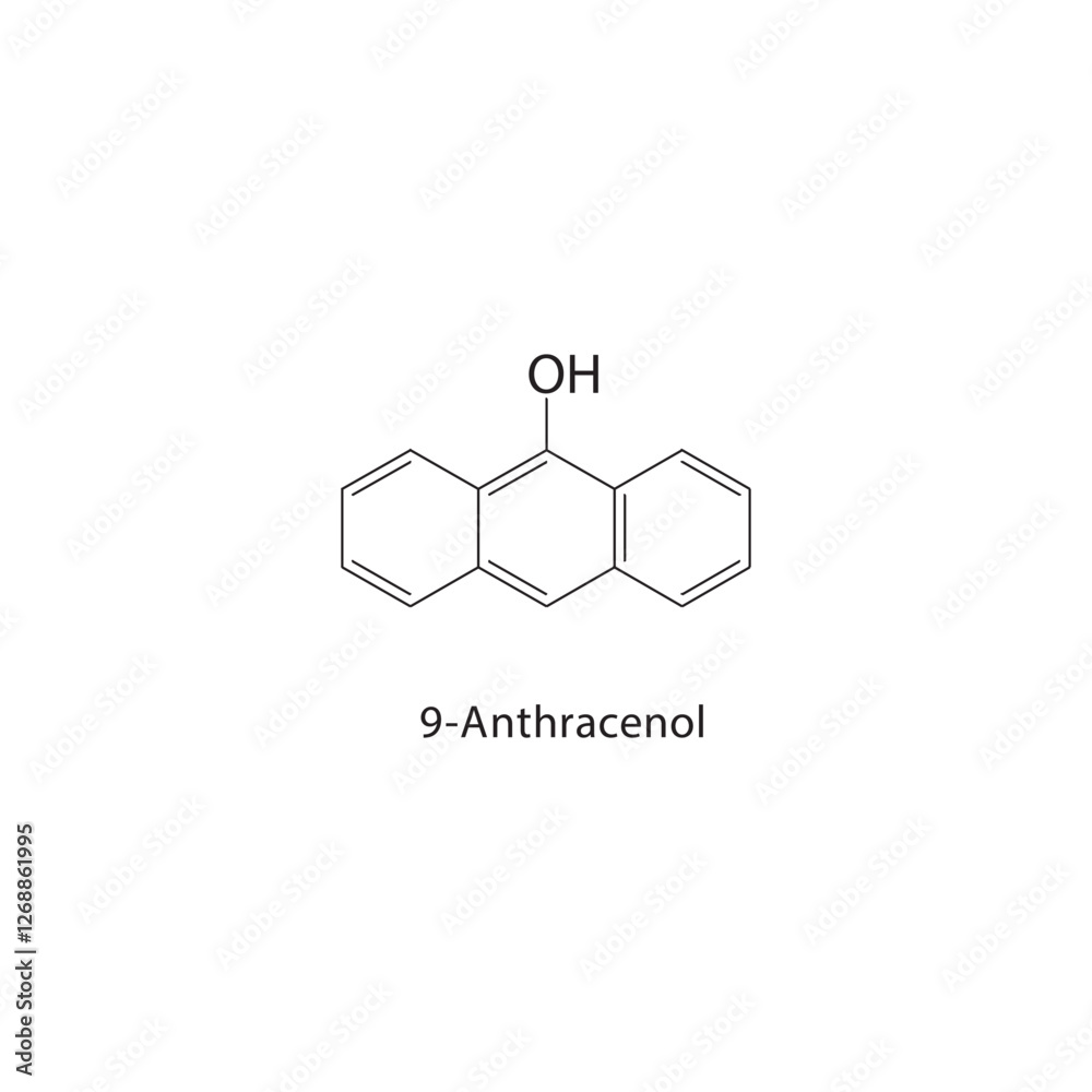 9-Anthracenol skeletal structure.Anthracene derivative compound schematic illustration. Simple diagram, chemical formula. 9-Anthracenol skeletal structure.Anthracene derivative compound schematic illustration. Simple diagram, chemical formula.