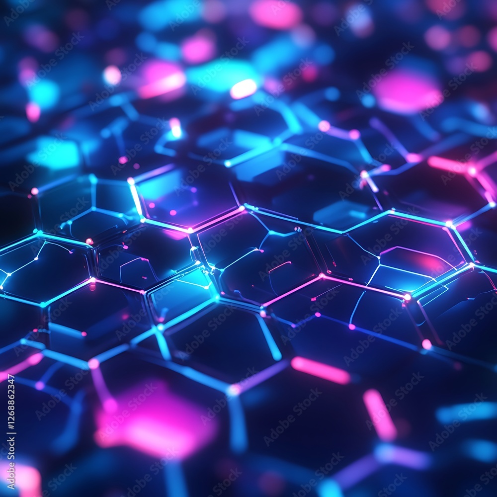 A vibrant abstract background featuring hexagonal shapes illuminated with neon colors